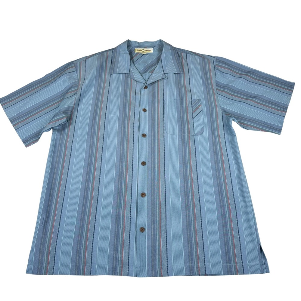 Tommy Bahama 100% Silk Camp Shirt Mens Large Blue Striped Hawaiian Button‎ Up